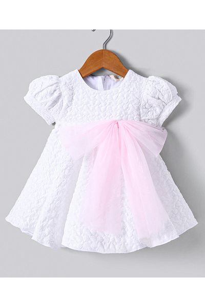 Bonfino Bonfino Woven Half Puffed Sleeves Fit & Flared Textured Party Frock with Bow Applique - White