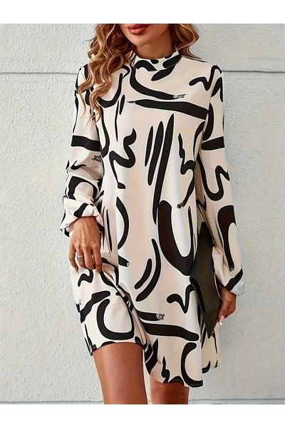 MODAVERA    Women's Long Sleeve Semi Turtleneck Print Short Diver Dress