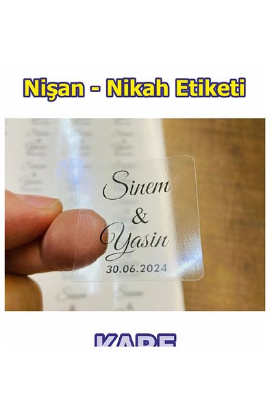 Nikah Şekeri Market ملصق اسم مربع شفاف 4 × 4 سم 50 قطعة حناء وعد خطوبة زفاف ملصق لاصق