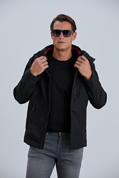 PIQUE Ανδρικό μαύρο παλτό με κουκούλα Ανδρικό παλτό Softshell