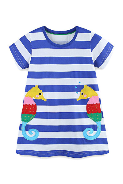 SAPS SAPS Sea Horse Patched & Striped Dress - Blue & White