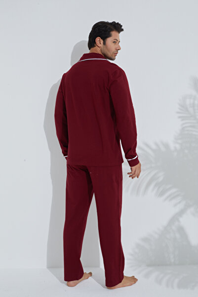 Siyah İnci Claret Red Ανδρικό βαμβακερό πουκάμισο με γιακά με κουμπιά πιτζάμες