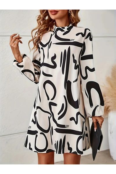 MODAVERA    Women's Long Sleeve Semi Turtleneck Print Short Diver Dress