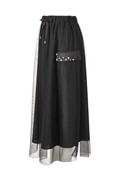 Ysatis Black Women's Skirt - Stone Detailed and Elastic Waist,24243000101