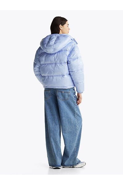 Tommy Hilfiger Kadın Mavi Parlak Kapşonlu Şişme Mont