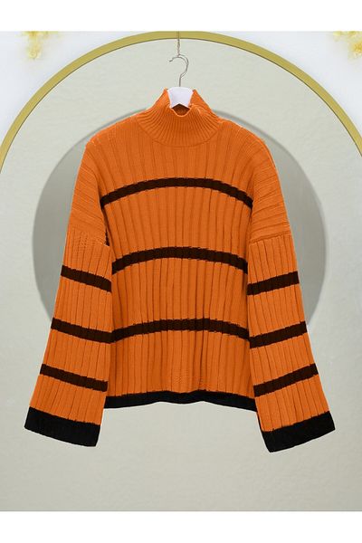 Modamorfo Orange Striped Loose Sleeve Knitwear Sweater