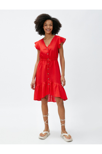 Koton V-nyakú ruha vászonkeverék, fodros gombos derékkötő