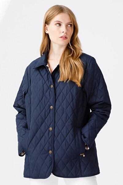 Desen Polo Yaka Oversize Kapitone Lacivert Kadın Ceket DSN24K21433