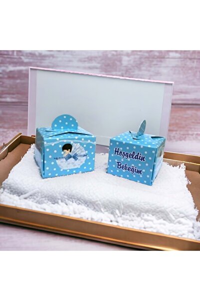 TURKUAZ PARTY Lokum Kutusu - Küp - Mavi Hoşgeldin Bebeğim 50li