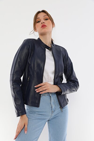 Basics&More سترة نسائية من الجلد باللون الأزرق الداكن-Malibuna