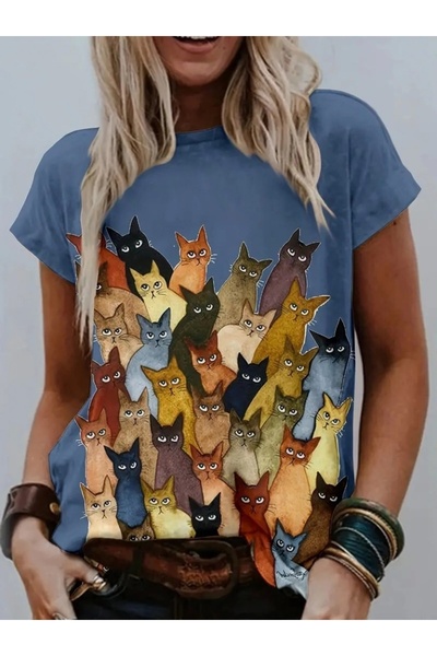 ESSFASIHON Bluză din jerseu cu mânecă scurtă, cu decolteu, cu imprimeu de pisici