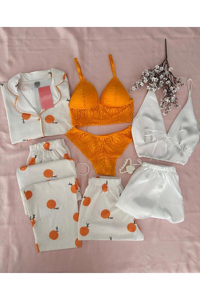 MH Moony Homewears Set pijamale din bumbac pieptănat din satin Boheems - Set de zestre pentru lenjerie de 7 piese