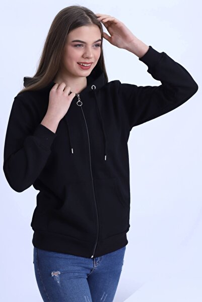 Deafox Black Zippered and Hooded Women's Cardigan
