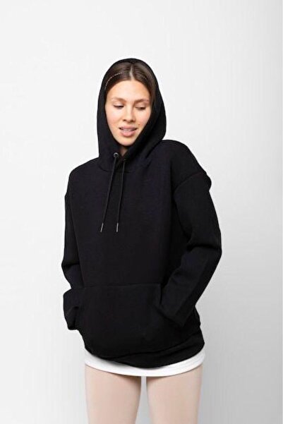 FİTGO Hanorac negru cu glugă pentru femei, cu buzunar cangur