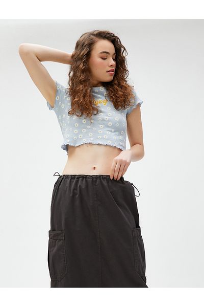 Koton Tricou crop imprimat cu mânecă scurtă cu gât crew din bumbac