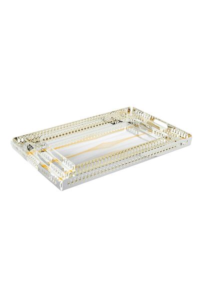 Dania 3 Pieces Silver and Gold Decorated Rectangular Metal Tray Set