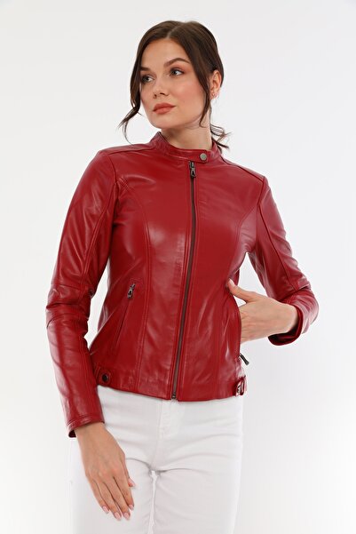 Basics&More Women's Red Leather Jacket-Malibuna