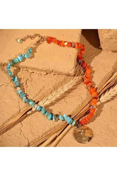 Store Boho-Stylish Orange & Blue Beaded Vintage Necklace