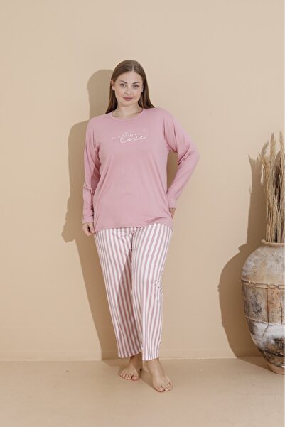 Temporium Women's Plus Size Curve Milan Fabric Printed Pattern Long Sleeve Bamboo Pajamas Set