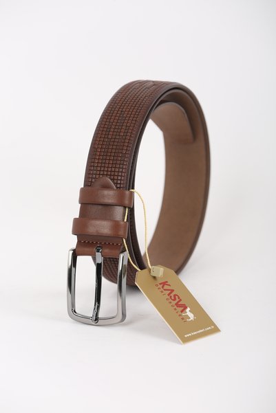 KASVA DERİ 3.5 cm Pitikare Patterned Hazelnut Color Leather Belt