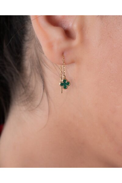 YCL JEWELLERY Yeşil Malakit Taşlı Sallantılı Yonca Altın Küpe 14 Ayar