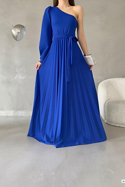 Deafox Saks kék egyujjú, öves maxi hosszúságú redős krepp anyagú hosszú ujjú ruha