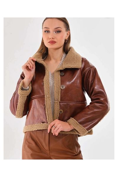 hazelin Tan Shearling Faux Leather Women's Coat - Button, Hzl23W-Brc 129331
