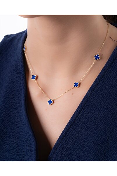 YCL JEWELLERY 14 Ayar Altın Lacivert Taşlı Yonca Altın Kolye