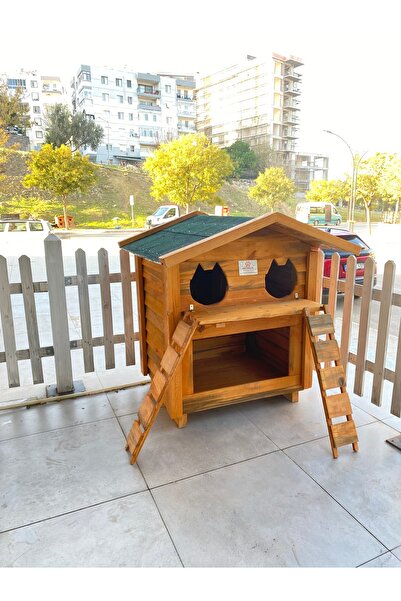 PATİ EMLAK Ahşap Kedi Evi 2 Yuvalı Pati Emlak (DIŞ ORTAMA DAYANIKLI KEDİ KULÜ...