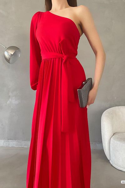 Deafox Rochie roșie cu o mânecă, cu centură, lungime maxi, plisată, din material creponat, cu mânecă lungă