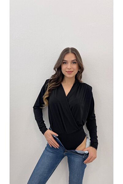 MODA Дамски черен боди с двойно закопчаване, драпирана талия и детайли с копчета в долната част