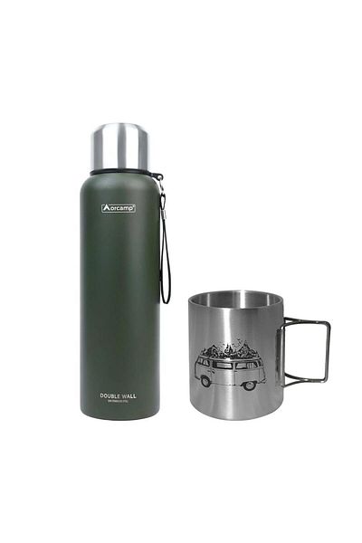 Orcamp Green Steel Thermos - 1.5 Lt, Folding Handle, Caravan 180 ml Mug, Out-5100
