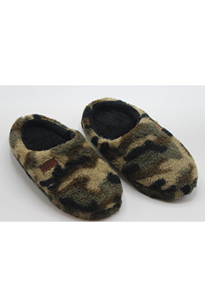 fluffy Polar Ekose/Kamuflaj Baskılı, İçi Peluş, Kalın ve Kaydırmaz Taban Erkek Ev Pandufu Terliği