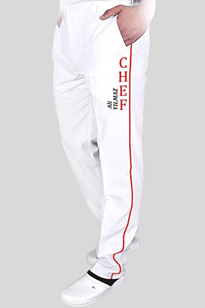 Üniformanya İsim Hediyeli, İsimli Pantolon, Chef Nakışı İşli, Yanları Biyeli Beyaz  Aşçı Pantolonu