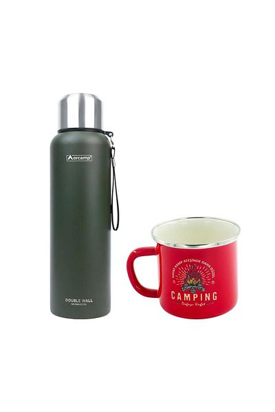 Orcamp Green Steel Thermos - 1.5 Lt Enameled Camping Mug, 180 ml Red Orc-069-B-K2