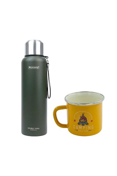 Orcamp Green Steel Thermos - 1.5 Lt Enameled, 180 ml Yellow Mug, Out-5100 & Out-1900 Model