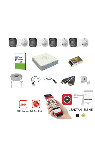 Hikvision 5MP 7/24 Renkli Görüşlü AHD Kamera Seti - 4'lü - 2TB HDD