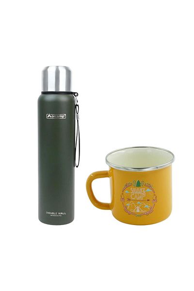 Orcamp Green Steel Thermos - 1 Lt, Out-5050 Enamel, Summer 180 ml Mug, Yellow Orc-068-B-S4