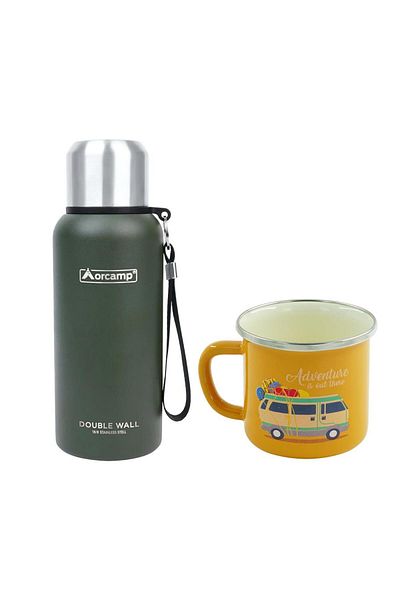 Orcamp Green Steel Thermos - 0.50 Lt Out-5000 Enameled Caravan, 180 ml Yellow Mug - Orc-066-B-S3