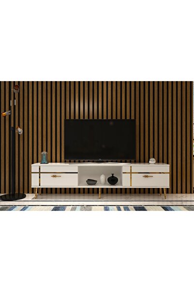 cantek dizayn LİNECT  TV SEHPASI BEYAZ-ALTIN