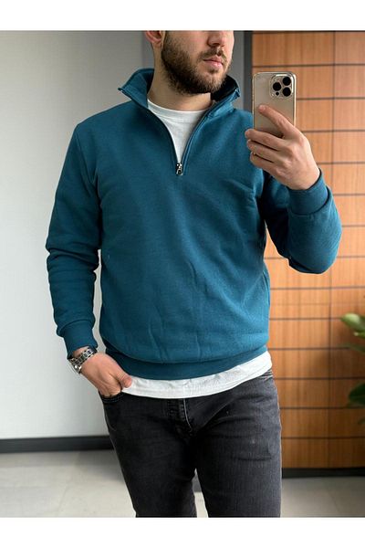 Altamira Hanorac supradimensionat unisex, albastru petrol, cu jumătate de fermoar