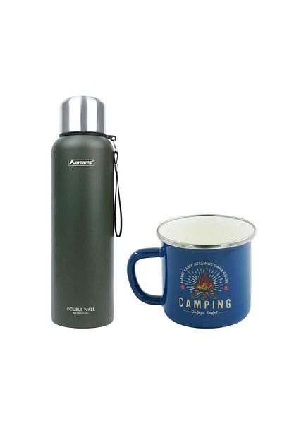 Orcamp Green 1.5 Lt Steel Thermos - Enameled Camping 180 ml Mug, Blue Orc-069-B-M2