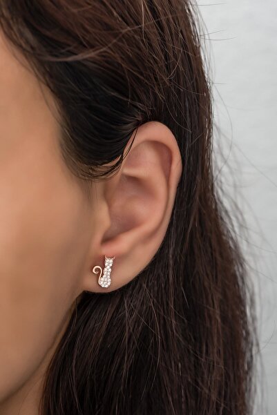 Nereze 925 Ayar Gümüş Rose Minik Kedi Küpe