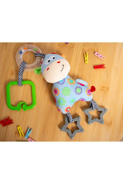 Babyjem عربة أطفال خشخيشة من السيليكون الناعم بنمط البقرة الزرقاء - لعبة عربة أطفال