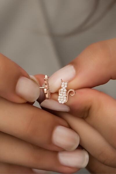 Nereze 925 Ayar Gümüş Rose Minik Kedi Küpe