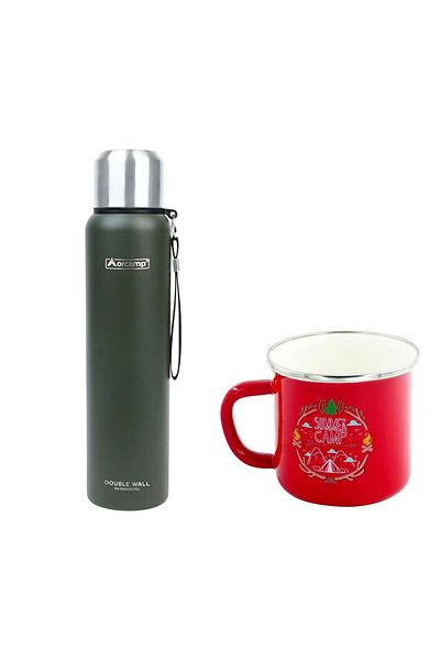 Orcamp Green 1 Lt Steel Thermos - Out-5050 Enameled Summer Red 180 ml Mug - Out-1900 Orc-068-B-K4