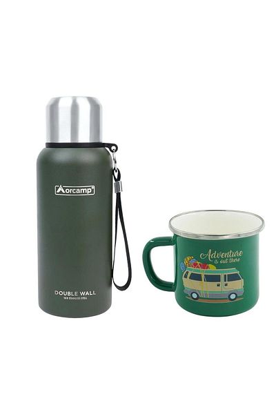 Orcamp Steel Thermos 0.50 Lt Green Out-5000 Enameled Caravan 180 ml Mug Out-1900 Green Orc-066-B-Y3