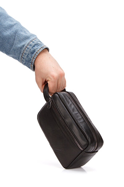 Newish Polo Erkek Siyah Hakiki Deri Portföy Clutch Kozmetik Bakım ve Günlük E...