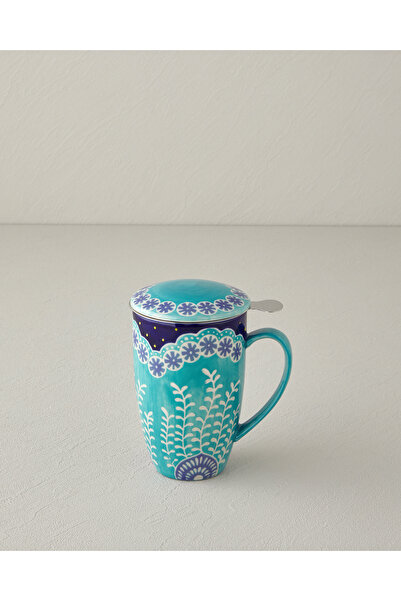 English Home Magnus Seramik Süzgeçli ve Kapaklı Kupa 450 ml Mavi