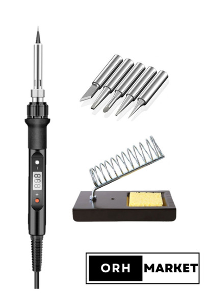 ORH Market 80w Lcd Lehim Havya Seti – Sıcaklık Ayarlı, Seramik Rezistörlü Metal Stand Ve 5 Uç Dahil
